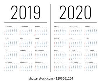 Mockup Simple calendar Layout for 2019 and 2020 years. Week starts from Monday.