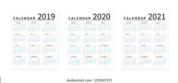 Mockup Simple calendar Layout for 2019, 2020 and 2021 years. Week starts from Sunday.