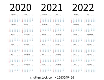 Mockup Simple calendar Layout for 2020, 2021 and 2022 years. Week starts from Sunday.