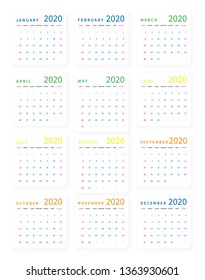 Mockup Simple calendar Layout for 2020 year. Week starts from Sunday.