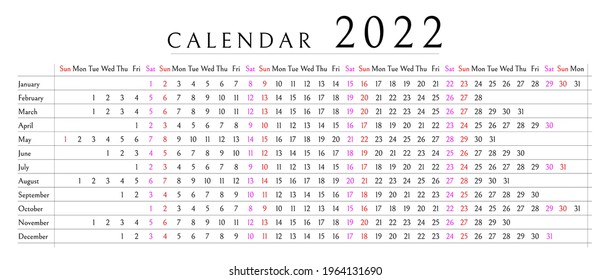 Mockup Simple calendar Layout for 2022 year. Week starts from Sunday.