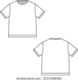 Mockup simple outline t-shirt. It is shown from the front and the back. The t-shirt has short sleeves and a round neckline. The drawing is simple, with no details or shading.