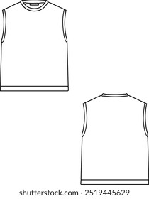 Mockup simple outline t-shirt. It is shown from the front and the back. The t-shirt has no sleeves and a round neckline. The drawing is simple, with no details or shading. Tank shirt Mockup