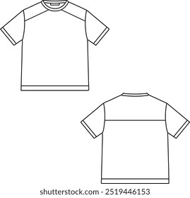 Mockup simple outline t-shirt. It is shown from the front and the back. The t-shirt has short sleeves and a round neckline. New cutting style on front and back. Basic apparel design mock up