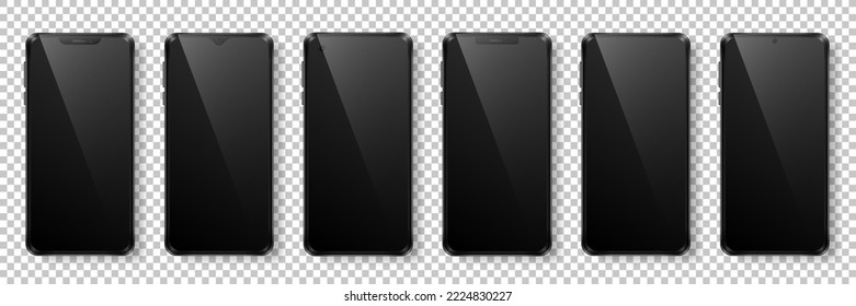 Mockup of six smartphones with black glossy screen and different cameras. Front side of black phones isolated on transparent background. Realistic vector devices for advertisement, social media, apps