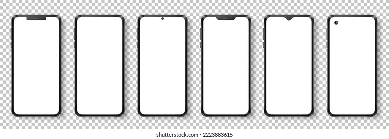 Mockup of six smartphones with blank white screen and different cameras. Front side of black phones isolated on transparent background. Realistic template of modern devices for advertisement