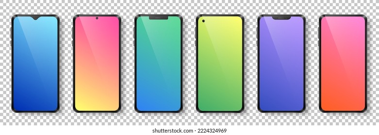 Mockup of six smartphones with gradient screen and different cameras. Front side of black phones isolated on transparent background. Realistic vector devices for advertisement, social media, apps