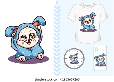 Mockup a small cat wearing blue rabbit jacket hoodie