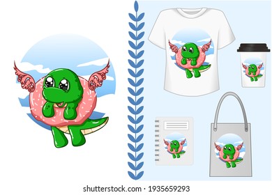 Mockup, small dinosaur flying on a donuts with wings and sky background