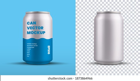 Mockup of a small tin can with an energy drink with a blue pattern, for design presentation, vector silver shiny shiny water bottle. Template of aluminum beverage container isolated on background. Set