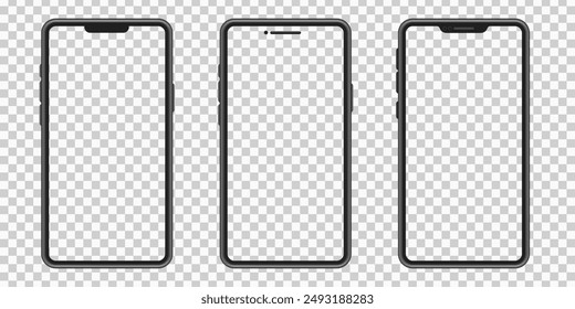 Mockup smart phones set isolated on light transparent background. Smartphone with empty screen for UI and UX design. Vector illustration. EPS 10