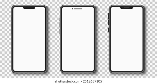 Montagem de smartphones configurados em fundo transparente. Smartphone com tela branca vazia para seu design. Moderno gadget de alta tecnologia. Ilustração vetorial. EPS 10.