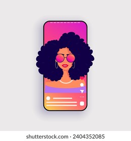 Mockup smartphone with girl, blogging. Template screen web app, ui, display, video. Mockup instagram reels interface. Communication. Social media concept. Vector illustration