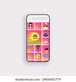 Mockup smartphone with girls, boys and icons. Social network blogging, reels content, marketing, advertising. App interface template. Social media concept. Vector illustration