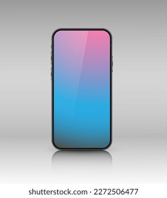 Una imitación de un smartphone con una pantalla de degradado rosa-azul. Teléfono móvil 3D realista con sombra sobre fondo gris. Vista frontal del dispositivo. Ilustración vectorial.