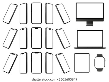 Mockup of smartphone screen. Display frame in different projections. Black computer monitor, laptop, tablet screen, mobile phone and watch. Device front view. 3D smart pad. Cell phone