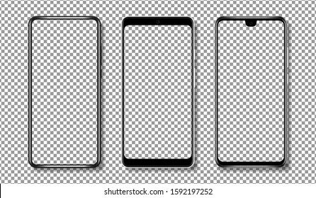 Mockup smartphone with transparent screen. Smartphone mockup set. Modern smartphone isolated on transparent background.