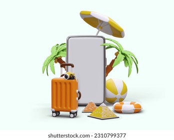 Encuentro con smartphone para agencia de viajes. teléfono 3D con pantalla en blanco, accesorios de vacaciones. Viaje a países cálidos, complejos tropicales. Ilustración con cifras realistas. Afiche en estilo de caricatura