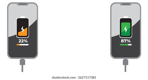 Mockup - Smartphones with Charging Battery Icons Showing 22% and 87% – Flat Mobile Device UI Design for Power, Technology, and Battery Level Status Display Concepts. Vector Illustration Icon Design.
