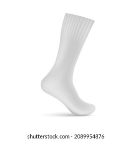 Mockup of sock pulled on imaginary leg, realistic vector illustration isolated on white background. Sport and casual white sock 3d mockup for identity presentation.