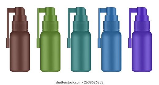 Mockup of a sore throat spray. Brown, green, teal, blue and purple bottles. Oral medicine. Aerosol container