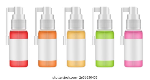 Montagem de um spray de garganta inflamada. Garrafas transparentes cheias de suspensões vermelhas, laranja, amarelas, verdes e cor-de-rosa. Medicina oral. Recipiente para aerossóis