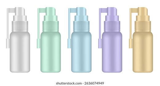 Montagem de um spray de garganta inflamada. Garrafas brancas, verdes, azuis, roxas e beges. Medicina oral. Recipiente para aerossóis