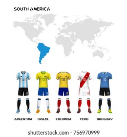 mockup of South America jersey football team which qualified to final round of football tournament. Concept for soccer uniform template in vector illustration. Elements of this image furnish by NASA