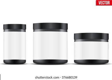 Mockup Sport Nutrition Container. Black Plastic Whey Protein And Gainer. Vector Illustration Isolated On White Background