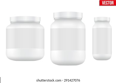 Mockup Sport Nutrition Container. White Plastic Whey Protein And Gainer. Vector Illustration Isolated On White Background