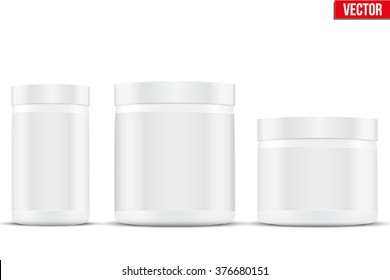 Mockup Sport Nutrition Container. White Plastic Whey Protein And Gainer. Vector Illustration Isolated On White Background