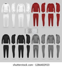 Mockup of the sportswear hoodie and trousers in four dimensions: front, side and back view, realistic gradient mesh vector. Clothes for sport and urban style. Black, red, gray, white