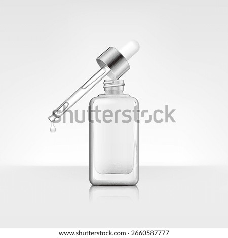 A mock-up of a square 50ml ampoule bottle from Korea, utilizing a dropper. The rendering features a clear liquid, glass, and a metal dropper.