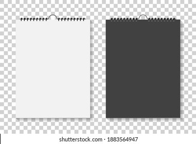 Mockup of square calendar with spiral. Mock up of notebook isolated on background. Blank template of calender for wall. White paper sheets with binding. Black, white diary with binder. Vector.