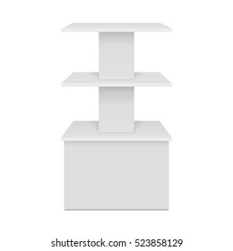 Mockup Square POS POI Floor Showcase Display Rack Shelves For Supermarket. Front View 3D. Illustration Isolated On White Background. Mock Up Template Ready For Your Design. Product Advertising. 