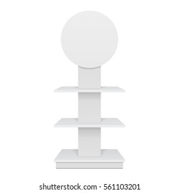 Mockup Square POS POI Floor Showcase Display Rack Shelves For Supermarket. Front View 3D. Illustration Isolated On White Background. Mock Up Template Ready For Your Design. Product Advertising. 