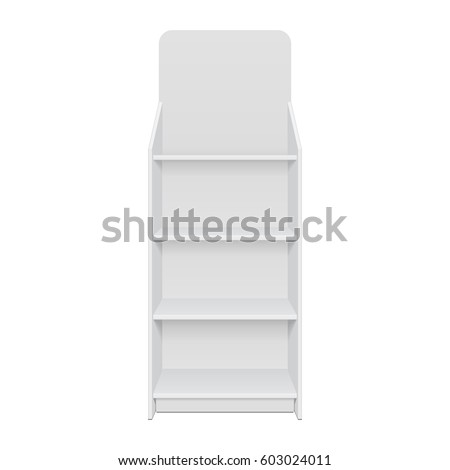 Mockup Square POS POI Floor Showcase Display Rack Shelves For Supermarket. Front View 3D. Illustration Isolated On White Background. Mock Up Template Ready For Your Design. Product Advertising. 