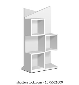 Mockup Square Retail Shelves Floor Display Rack For Supermarket Blank Empty. Cell. Cardboard . Mock Up. 3D On White Background Isolated. Ready For Your Design. Product Advertising. Vector EPS10