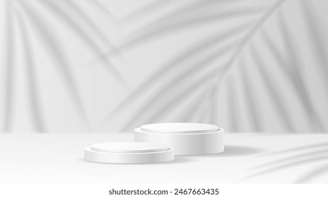 Mockup stage with palm branch shadow realistic vector illustration. Empty showcase. Product presentation podium 3d object on white background