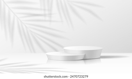 Mockup stage with palm branch shadow realistic vector illustration. Empty showcase. Product presentation podium 3d object on white background