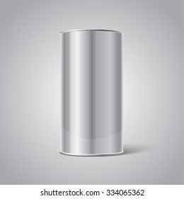 Mockup Of Stainless Steel Blank Tin Can Packaging On Grey Background. Empty