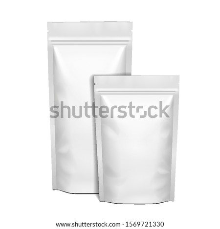 Mockup Stand Up Blank Bag For Coffee, Candy, Nuts, Spices, Self-Seal Zip Lock Foil Or Paper Food Pouch Snack Sachet Resealable Packaging. Illustration Isolated On White Background. Mock Up, Template.
