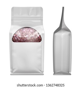 Mockup Stand Up Blank Full Bag With Window, Beans, Nuts Self-Seal Zip Lock Foil Or Paper Food Pouch Snack Sachet Resealable Packaging. Vegan Food. Isolated On White Background. Mock Up,  Template.