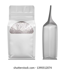 Mockup Stand Up Blank Full Bag With Window, Rice, Cereals, Grains. Vegan Food.  Self-Seal Zip Lock Foil Or Paper Food Pouch Snack Sachet Resealable Packaging. Vegan Food. Isolated On White Background.