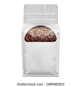 Mockup Stand Up Blank Full Bag With Window, Coffee Beans, Self-Seal Foil Or Paper Food Pouch Snack Sachet Resealable Packaging. Vegan Food. Isolated On White Background. Mock Up, Template.