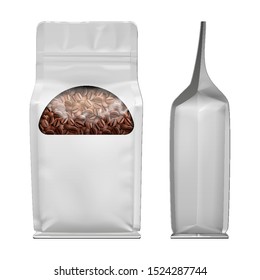 Mockup Stand Up Blank Full Bag With Window, Coffee Beans, Self-Seal Foil Or Paper Food Pouch Snack Sachet Resealable Packaging. Vegan Food. Isolated On White Background. Mock Up, Template.