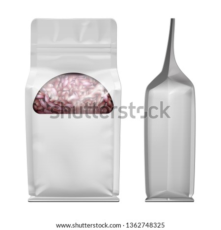 Mockup Stand Up Blank Full Bag With Window, Beans, Nuts Self-Seal Zip Lock Foil Or Paper Food Pouch Snack Sachet Resealable Packaging. Vegan Food. Isolated On White Background. Mock Up,  Template.
