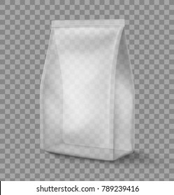 Mockup of stand up plastic snack bag. Vector illustration on transparent background, ready and simple to use for your design. The mock-up will make the presentation look as realistic as possible. 