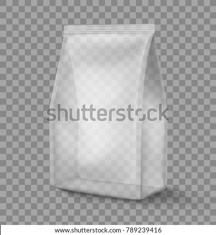 Mockup of stand up plastic snack bag. Vector illustration on transparent background, ready and simple to use for your design. The mock-up will make the presentation look as realistic as possible. 