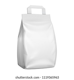 Mockup Stand Up Pouch Snack Sachet Bag With Handle. Blank Mock Up, Template. Illustration Isolated On White Background. Ready For Your Design. Product Packaging. Vector EPS10